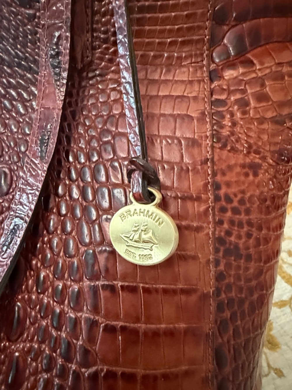 Brahmin Croc-Embossed Leather Tote in Burgundy - Picture 2 of 14